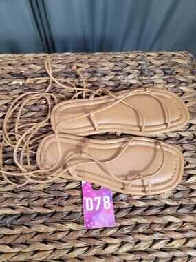 Open Edit Women's 6.5 M Beige Leather Slip-On Flat Heel Party Strappy Sandals